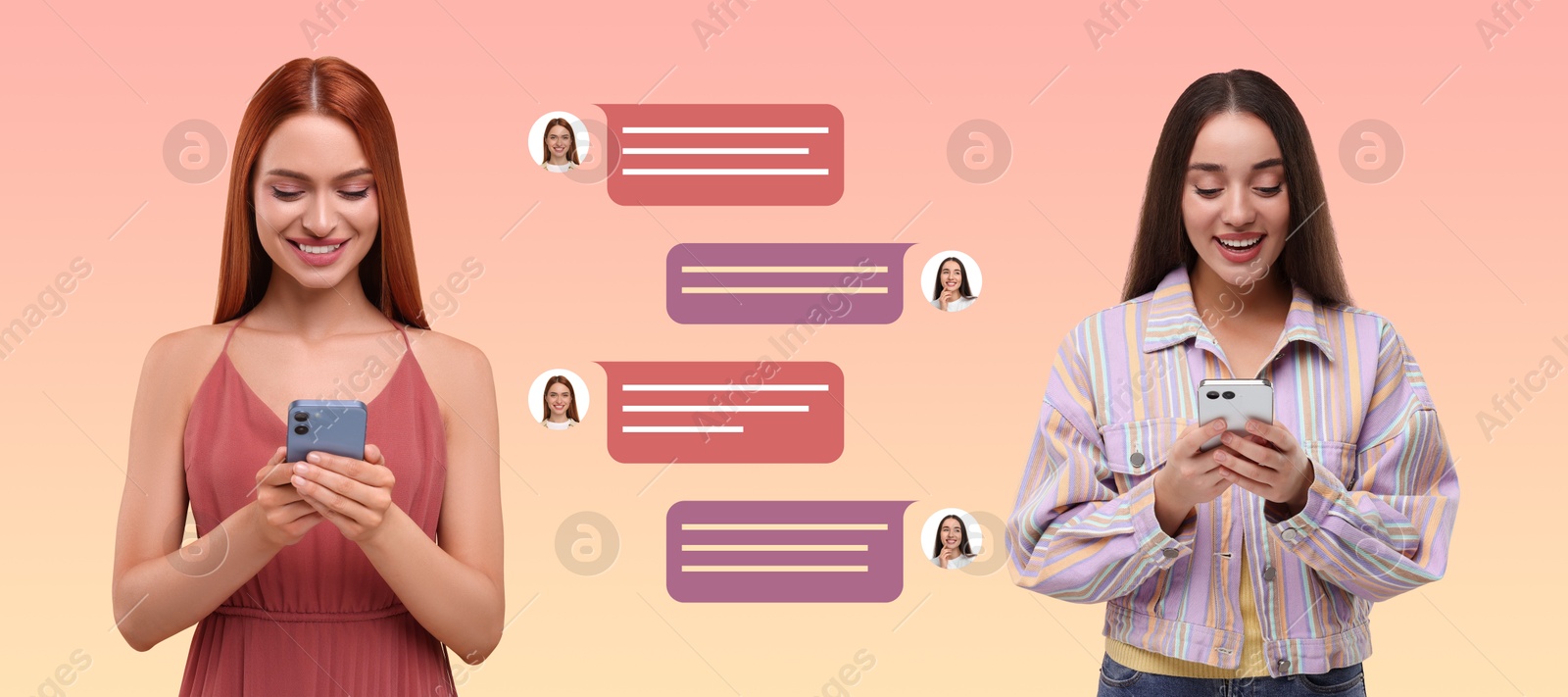 Image of Women with smartphones texting on color gradient background, banner design. Message bubbles between them