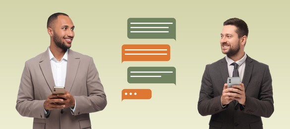 Image of Men with smartphones texting on color gradient background, banner design. Message bubbles between them