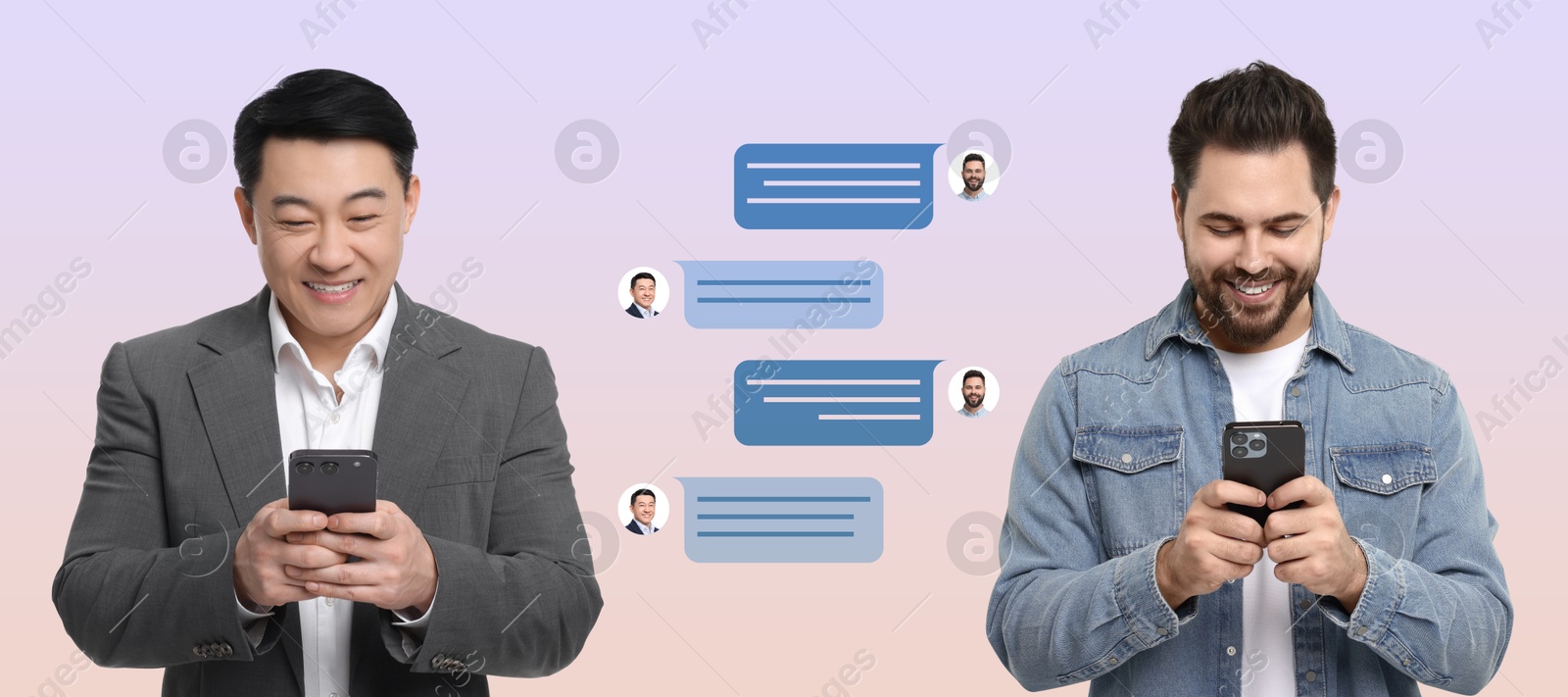 Image of Men with smartphones texting on color gradient background, banner design. Message bubbles between them