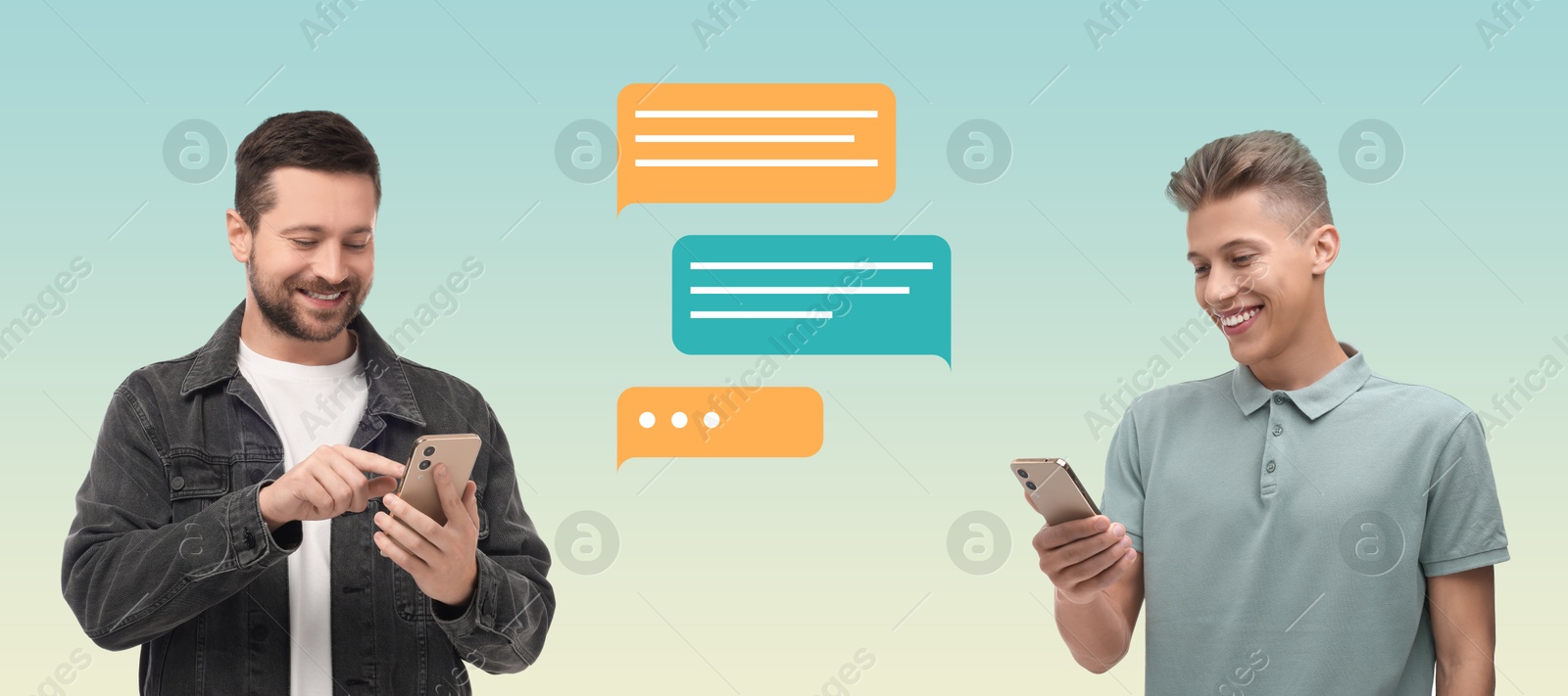 Image of Men with smartphones texting on color gradient background, banner design. Message bubbles between them