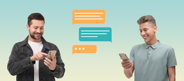 Men with smartphones texting on color gradient background, banner design. Message bubbles between them