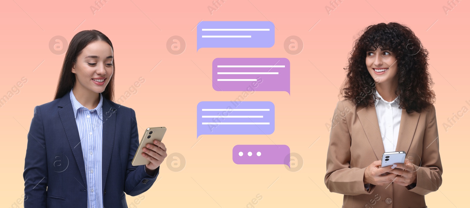 Image of Women with smartphones texting on color gradient background, banner design. Message bubbles between them