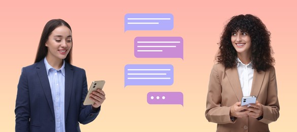 Women with smartphones texting on color gradient background, banner design. Message bubbles between them