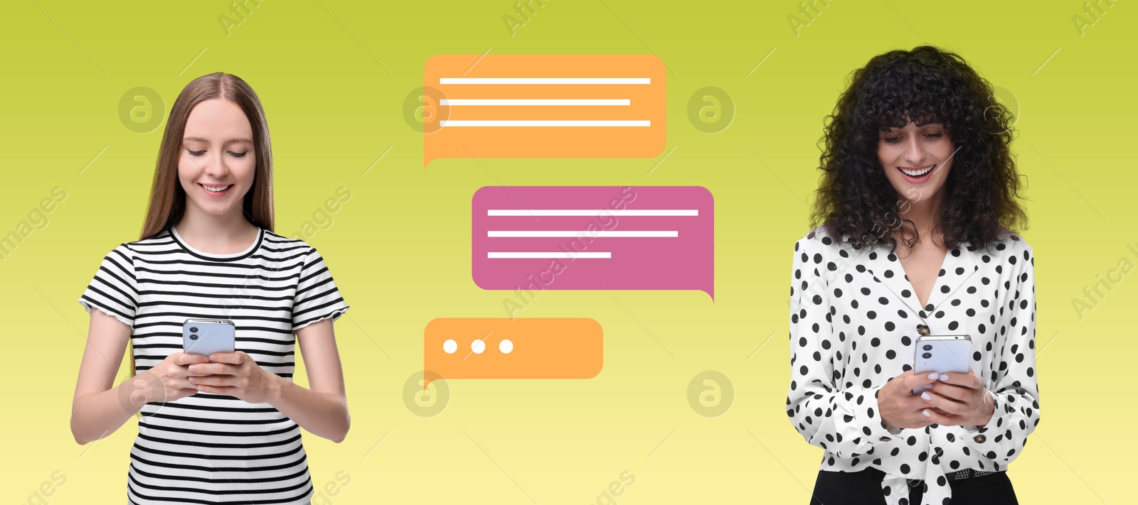 Image of Women with smartphones texting on yellow background, banner design. Message bubbles between them