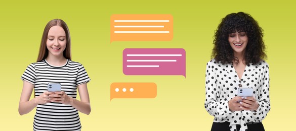 Image of Women with smartphones texting on yellow background, banner design. Message bubbles between them