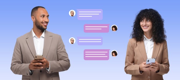 Image of Man and woman with smartphones texting on color gradient background, banner design. Message bubbles between them