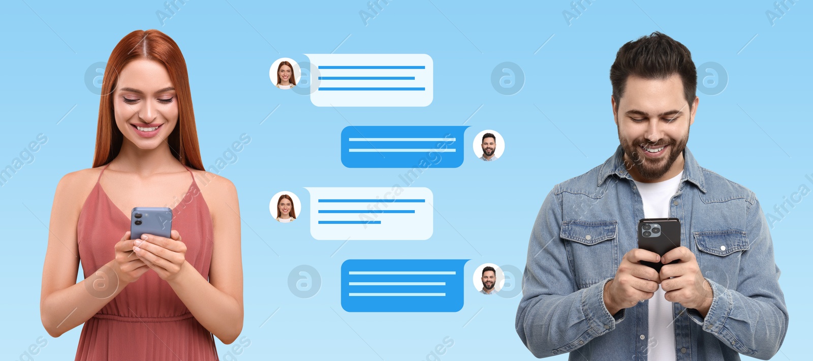 Image of Man and woman with smartphones texting on light blue background, banner design. Message bubbles between them