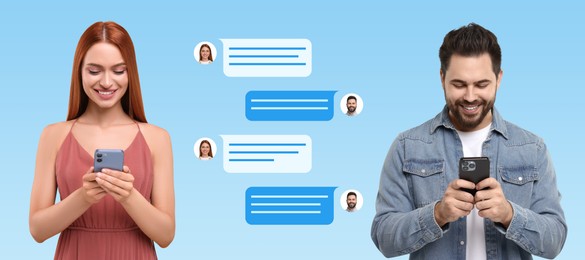 Man and woman with smartphones texting on light blue background, banner design. Message bubbles between them