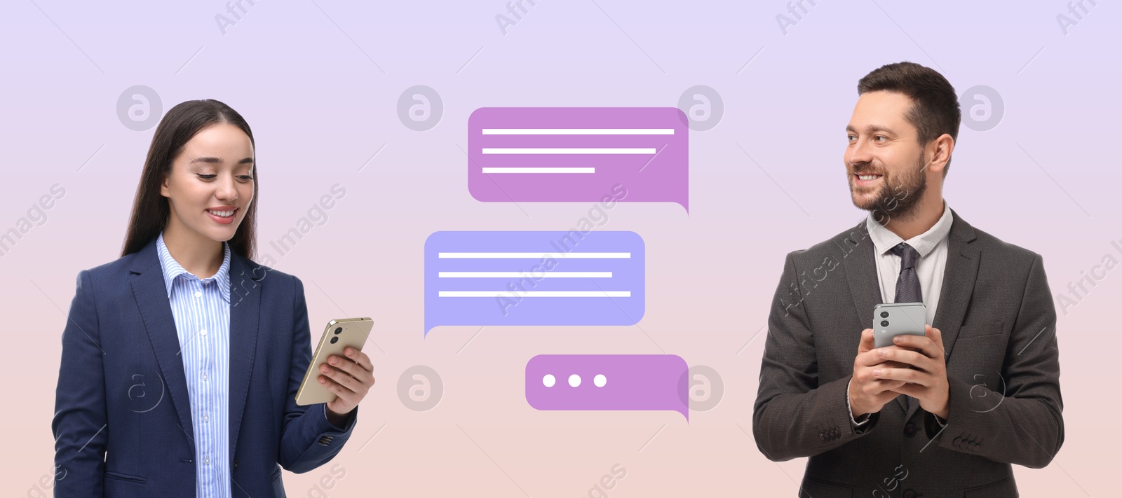 Image of Man and woman with smartphones texting on color gradient background, banner design. Message bubbles between them