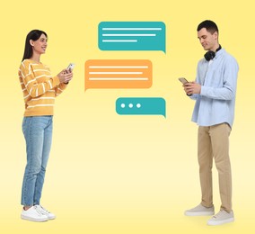 Man and woman with smartphones texting on yellow background. Message bubbles between them