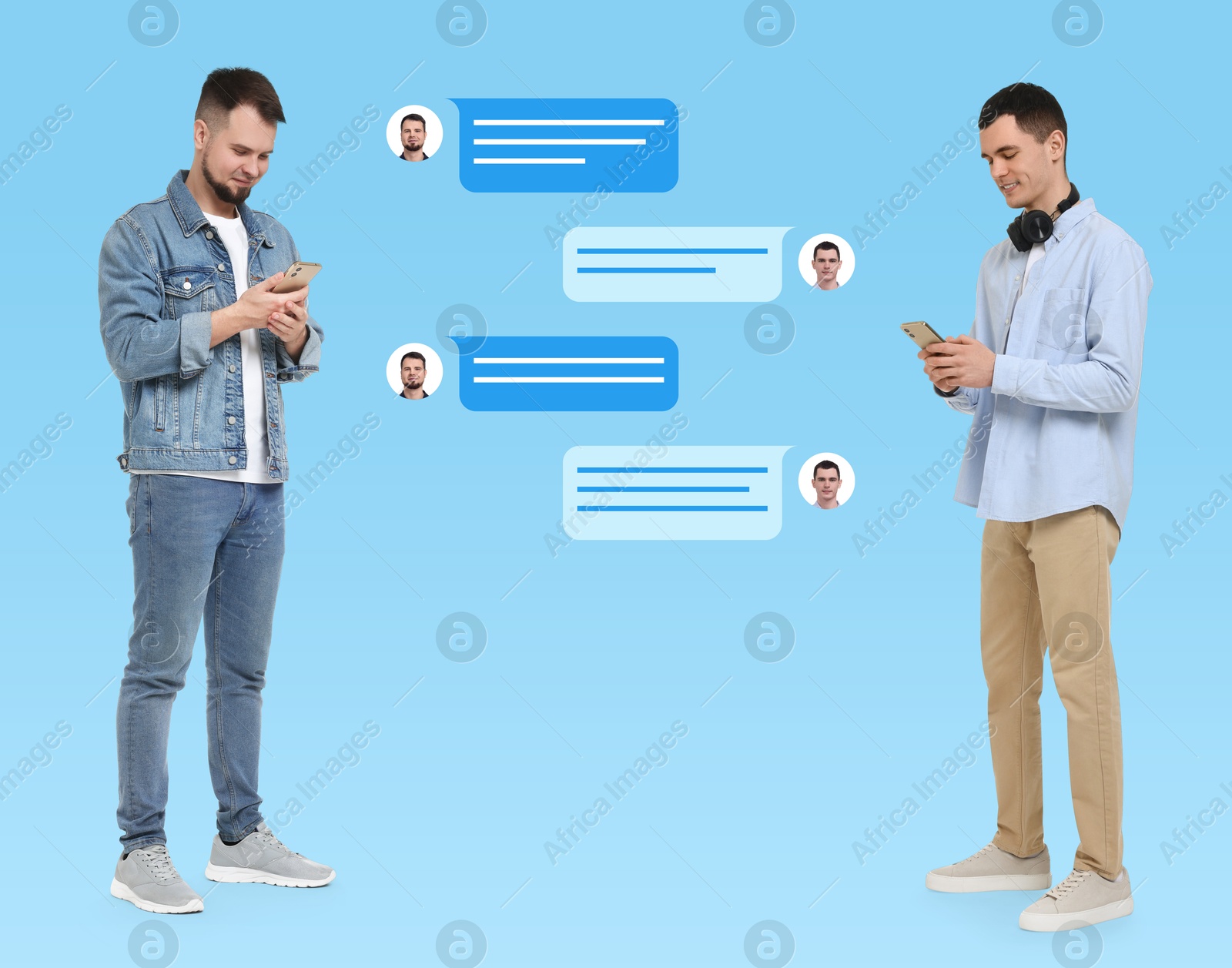 Image of Men with smartphones texting on light blue background. Message bubbles between them
