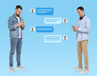 Men with smartphones texting on light blue background. Message bubbles between them