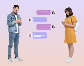 Image of Man and woman with smartphones texting on color gradient background. Message bubbles between them