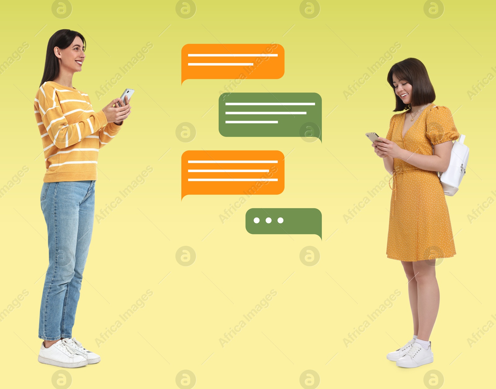 Image of Women with smartphones texting on yellow gradient background. Message bubbles between them