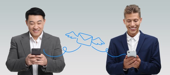 Image of Men with smartphones messaging on light background, banner design. Drawing of envelope between them