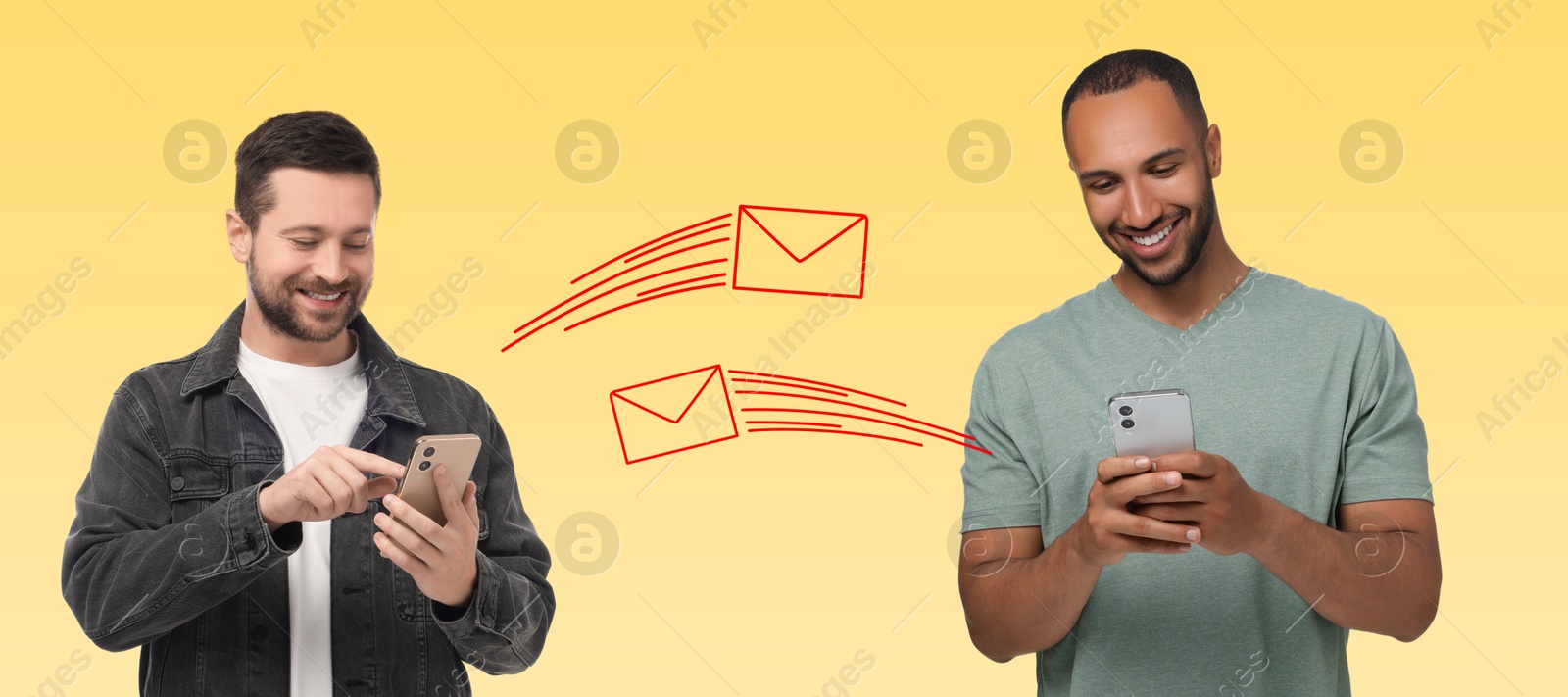 Image of Men with smartphones messaging on yellow background, banner design. Drawing of envelopes between them