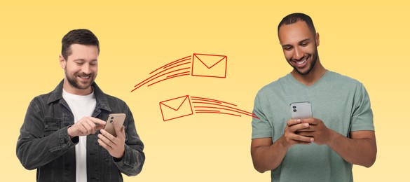 Men with smartphones messaging on yellow background, banner design. Drawing of envelopes between them