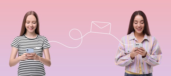 Women with smartphones messaging on pink gradient background, banner design. Drawing of envelope between them