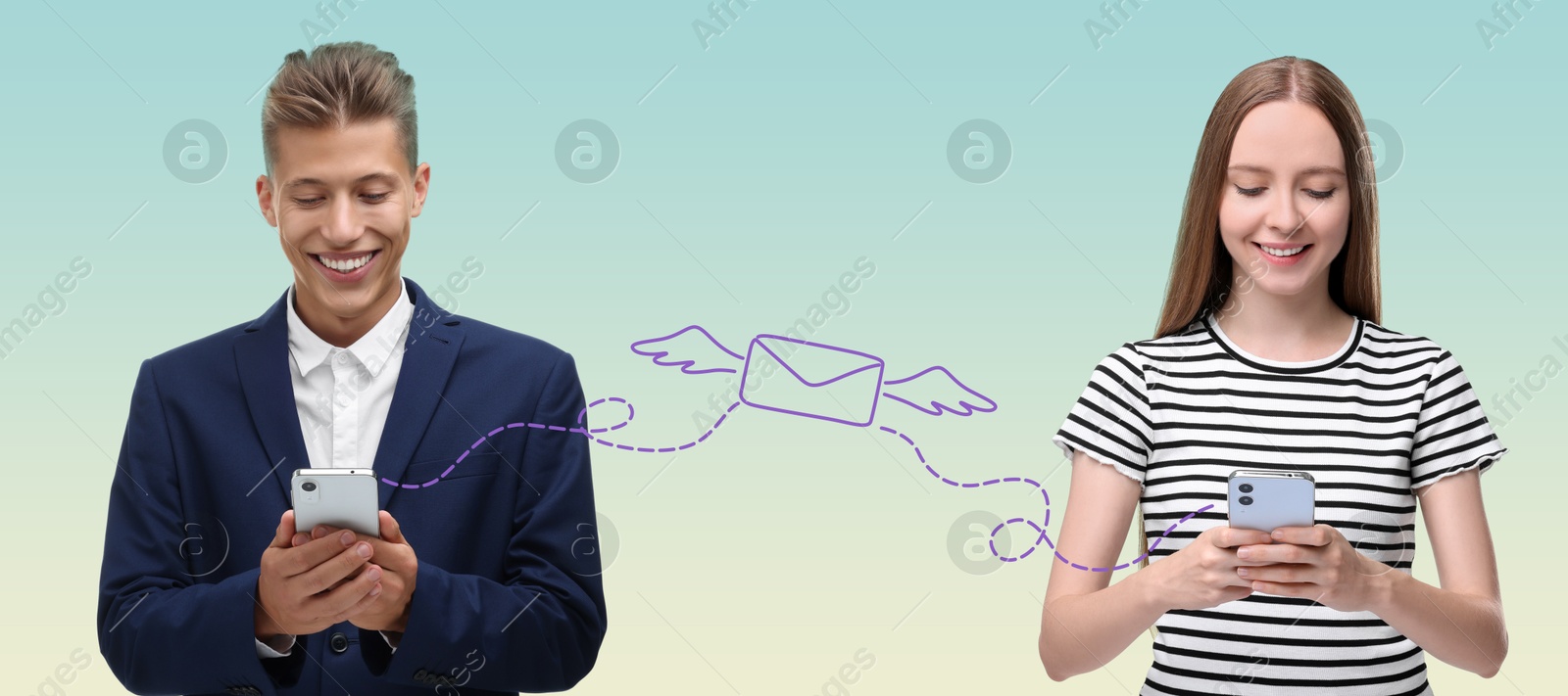 Image of Man and woman with smartphones messaging on color gradient background, banner design. Drawing of envelope between them
