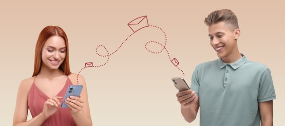 Image of Man and woman with smartphones messaging on color gradient background, banner design. Drawing of envelopes between them