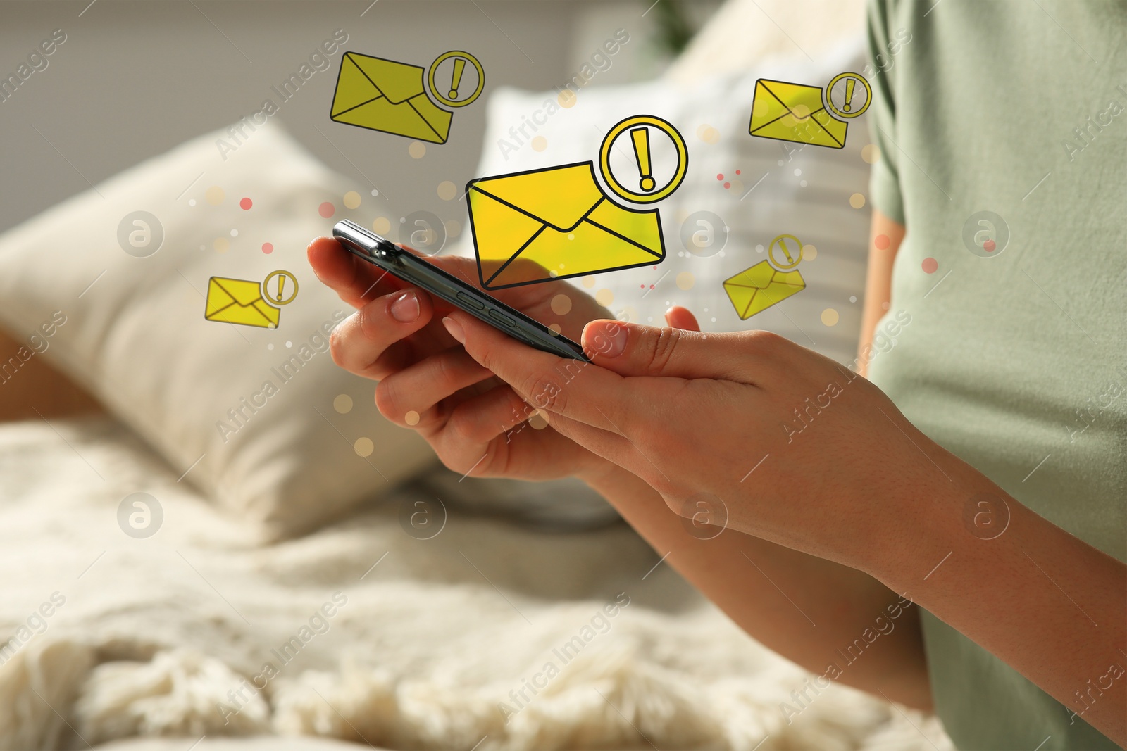 Image of Woman using smartphone at home, closeup. Spam message notifications above device, illustration