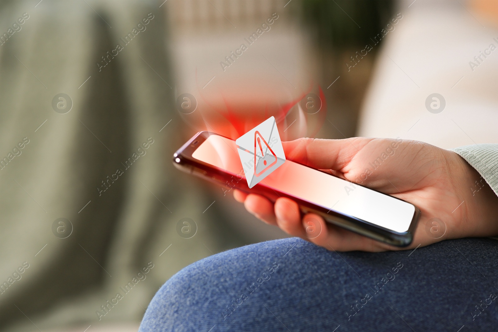 Image of Woman using smartphone indoors, closeup. Spam message notification above device, illustration