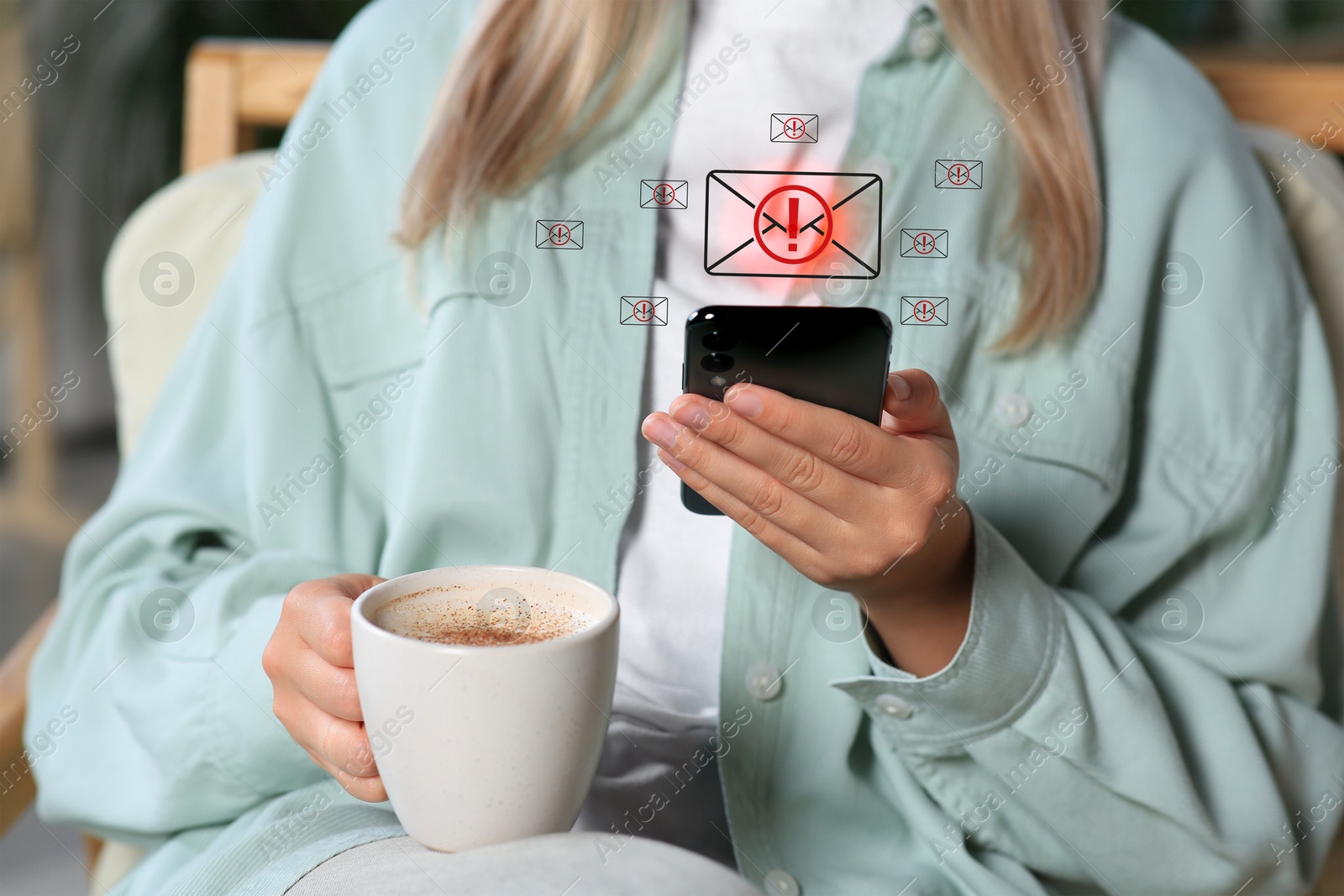Image of Woman with cup of coffee using smartphone indoors, closeup. Spam message notification above device, illustration