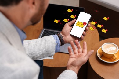 Image of Man using smartphone at table indoors, closeup. Spam message notifications above device, illustration