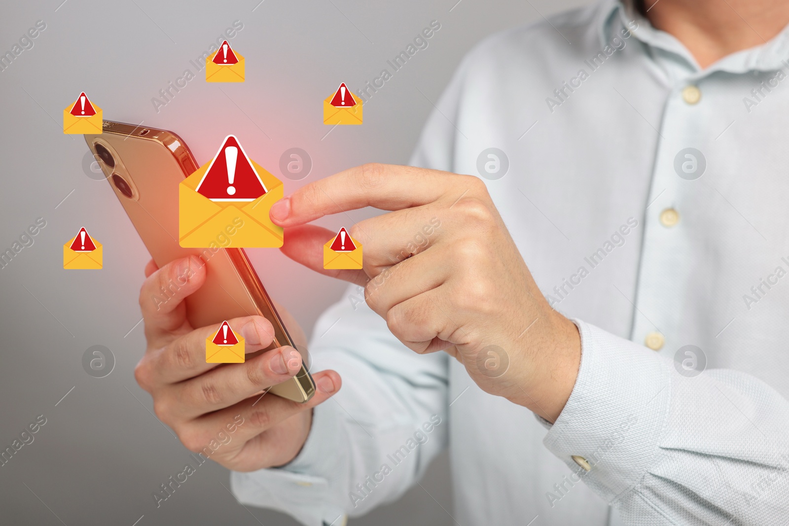 Image of Man using smartphone on grey background, closeup. Spam message notifications near device, illustration