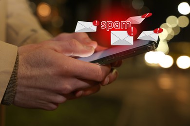 Man using smartphone outdoors, closeup. Spam message notifications above device, illustration