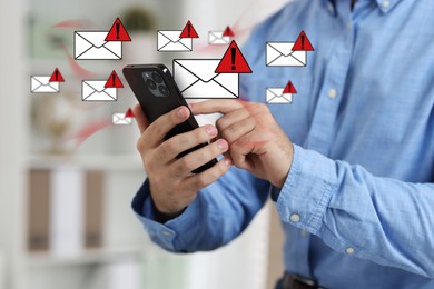 Man using smartphone indoors, closeup. Spam message notifications above device, illustration