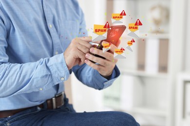 Image of Man using smartphone indoors, closeup. Spam message notifications near device, illustration