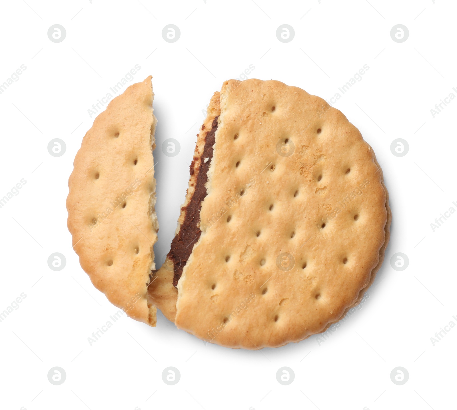 Photo of Broken tasty sandwich cookie isolated on white, top view