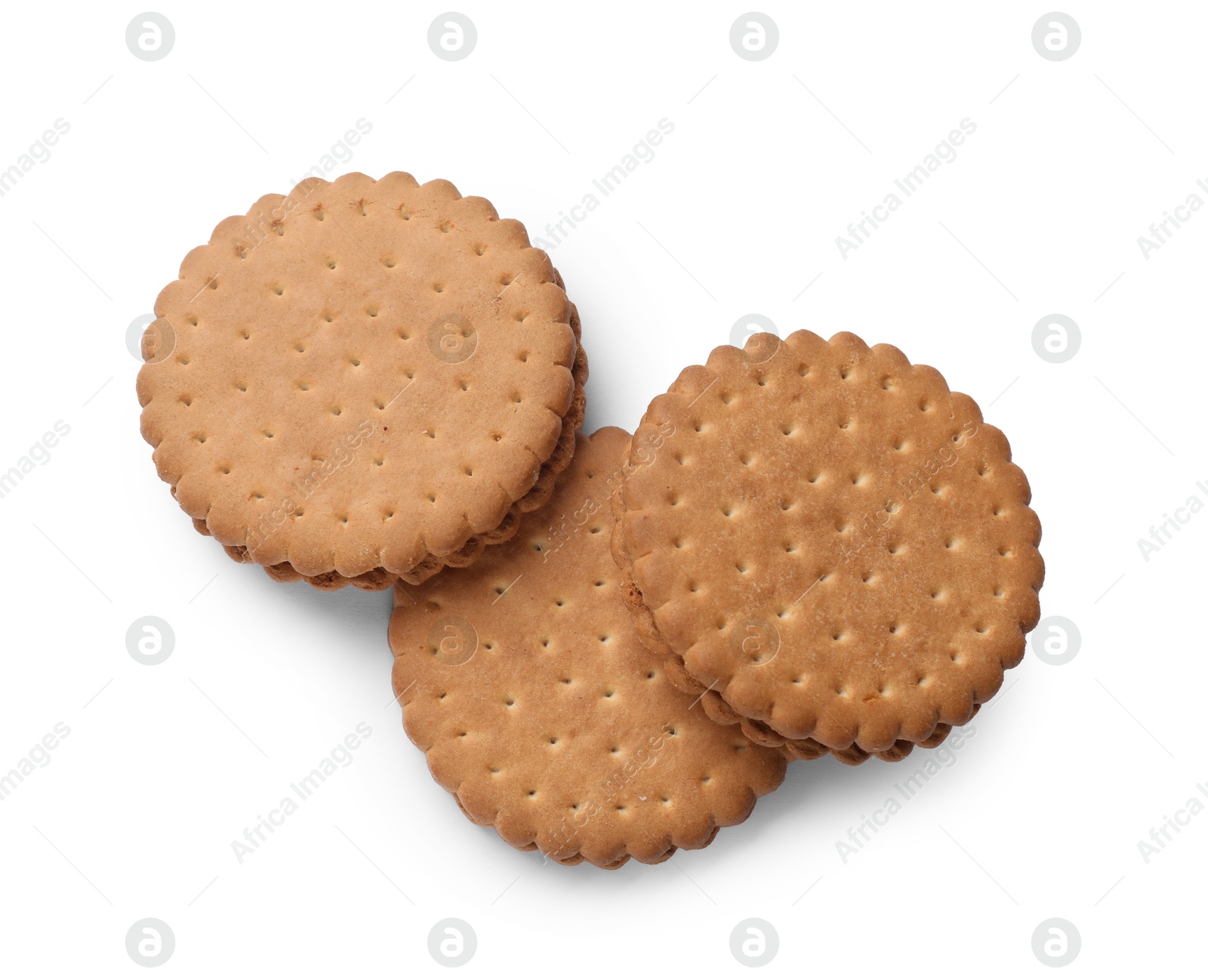 Photo of Tasty sandwich cookies isolated on white, top view