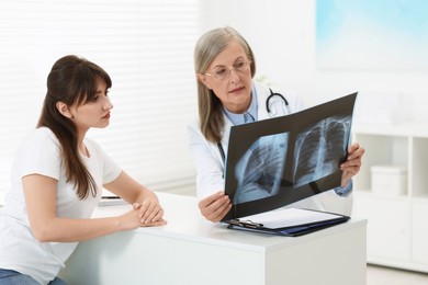 Photo of Lung disease. Doctor showing chest x-ray to her patient in clinic