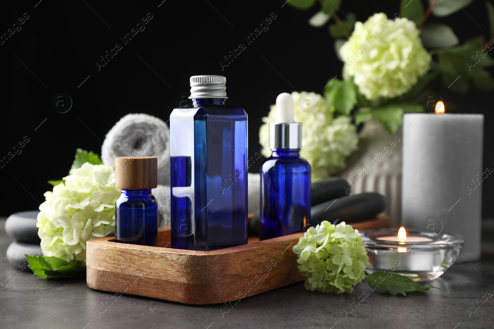 Photo of Spa composition. Cosmetic products, burning candles and hydrangea flowers on gray table against black background, closeup