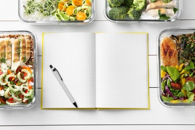 Healthy meal. Open notebook and containers with different products on white wooden table, flat lay