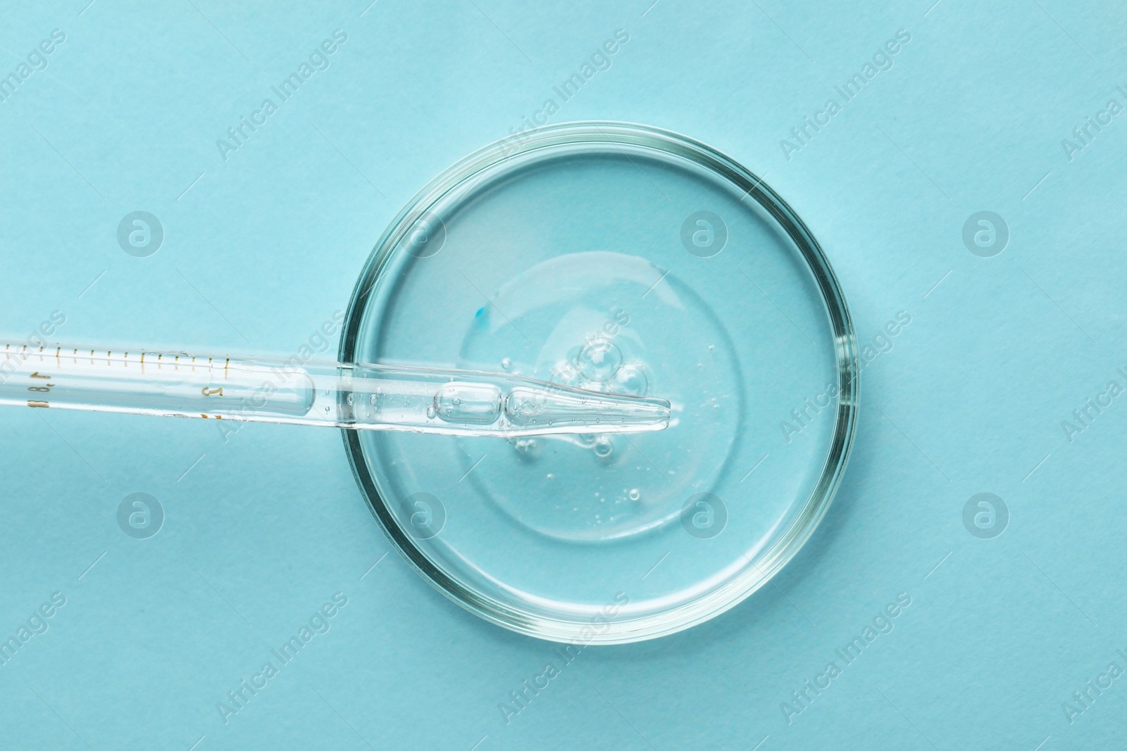 Photo of Glass pipette and petri dish with liquid on light blue background, top view