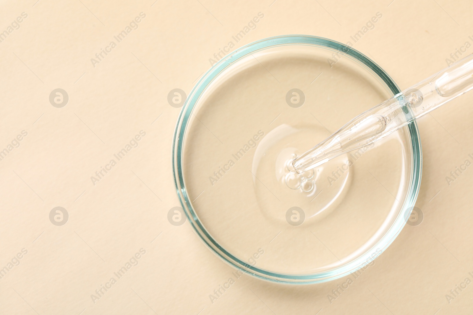 Photo of Glass pipette and petri dish with liquid on beige background, top view. Space for text