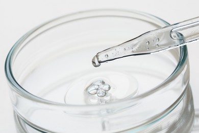 Glass pipette and petri dish with liquid on beige background, closeup