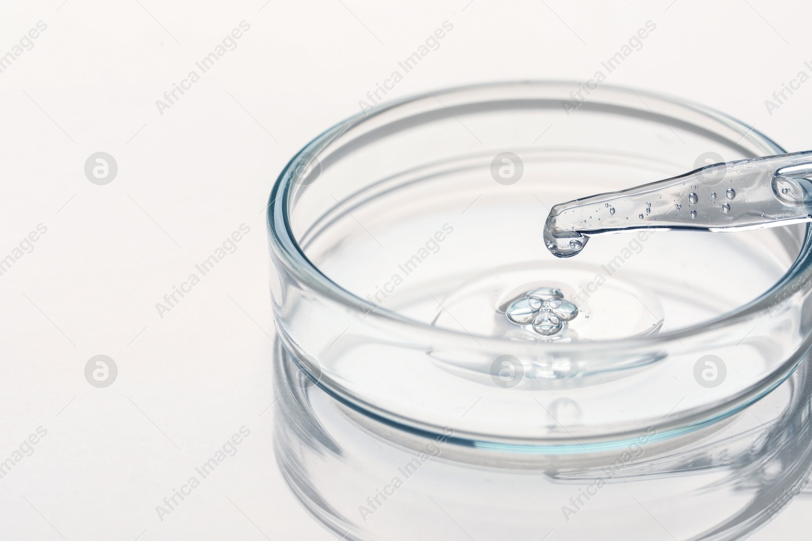 Photo of Glass pipette and petri dish with liquid on beige background, closeup. Space for text