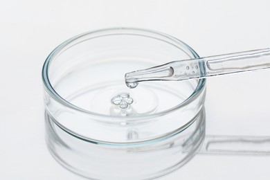 Glass pipette and petri dish with liquid on beige background, closeup