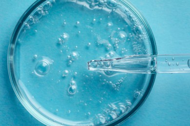 Glass pipette and petri dish with liquid on light blue background, top view