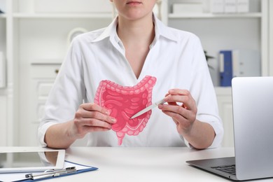 Photo of Doctor showing paper intestine cutout at white table in clinic, closeup