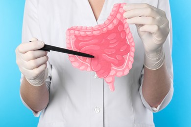 Doctor showing paper intestine cutout on light blue background, closeup