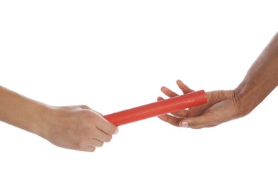 Man passing relay baton to teammate isolated on white, closeup