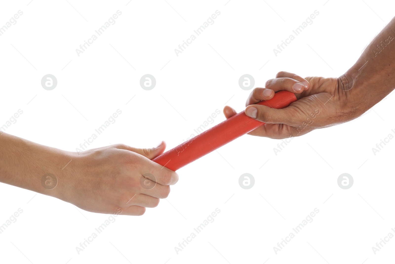 Photo of Man passing relay baton to teammate isolated on white, closeup