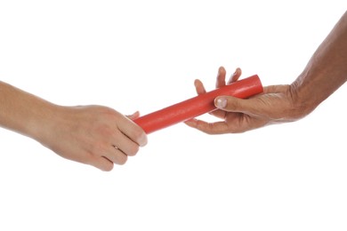 Man passing relay baton to teammate isolated on white, closeup