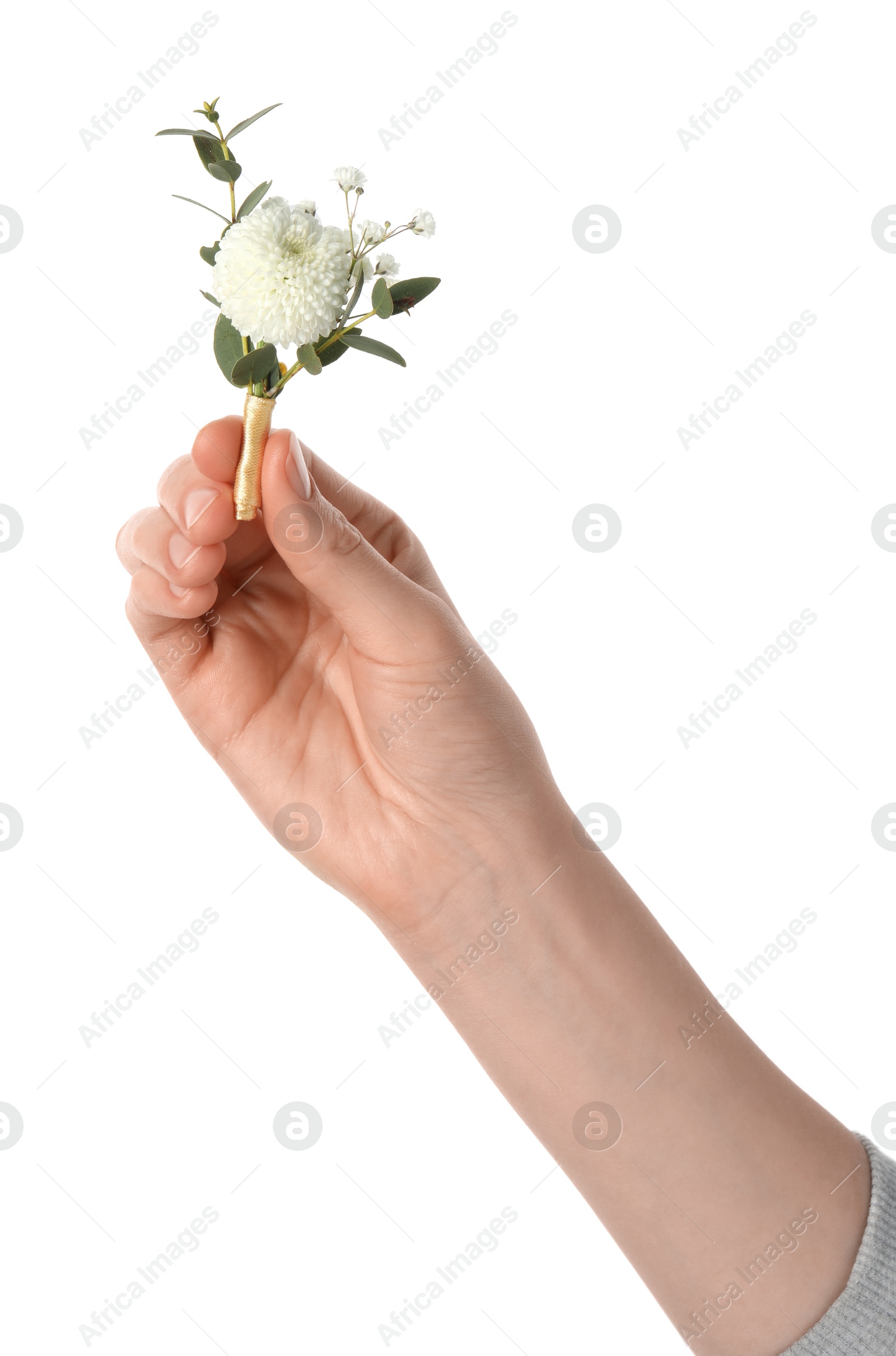 Photo of Woman holding stylish boutonniere on white background, closeup