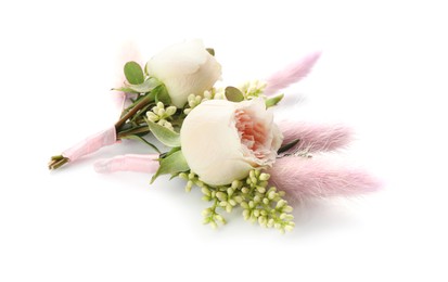 Photo of Two small stylish boutonnieres isolated on white